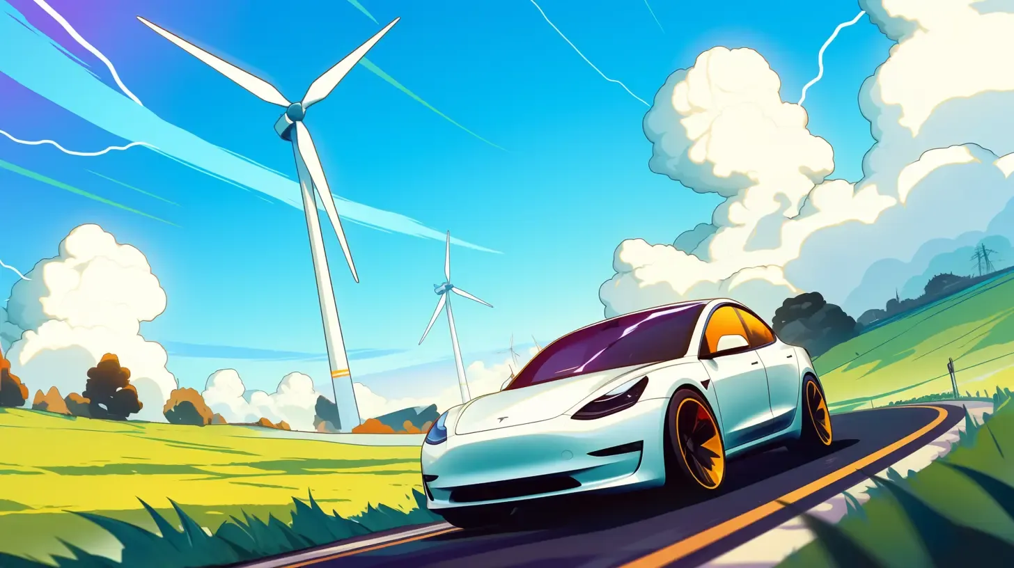 Anime drawing of a Tesla driving down a road with rolling hills, windmills, and lightning in the sky