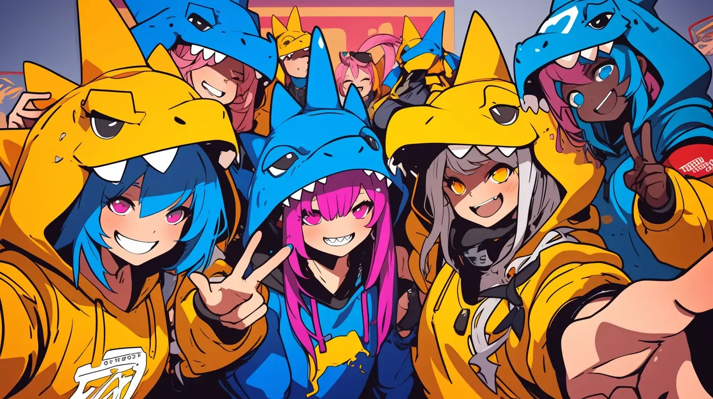 Anime drawing of a group of cosplayers in triceratops hoodies